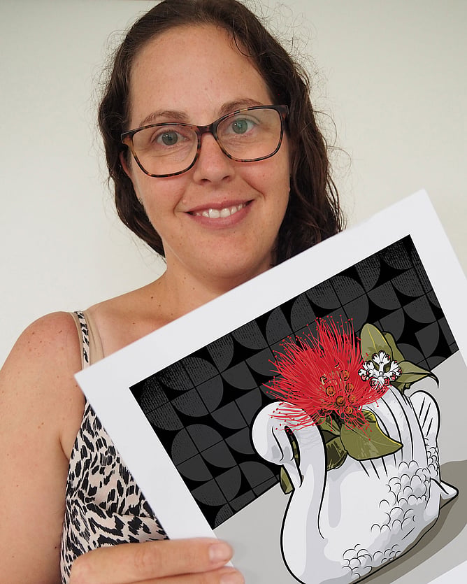 Crowned PÅhutukawa Crown Lynn swan art print by NZ artist Anna Mollekin