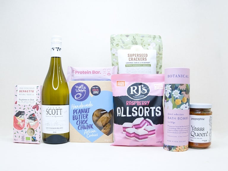 Thanks So Much Gift Box with Allan Scott Sauvignon Blanc, Botanicals bath bombs, chocolate, cookies and NZ-made treats
