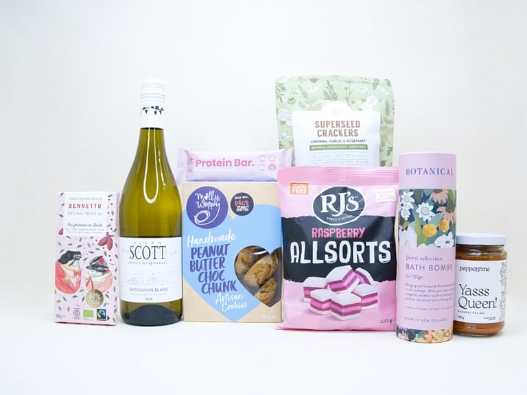 Thanks So Much Gift Box with Allan Scott Sauvignon Blanc, Botanicals bath bombs, chocolate, cookies and NZ-made treats