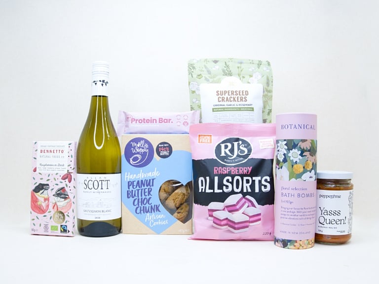 Thanks So Much Gift Box with Allan Scott Sauvignon Blanc, Botanicals bath bombs, chocolate, cookies and NZ-made treats