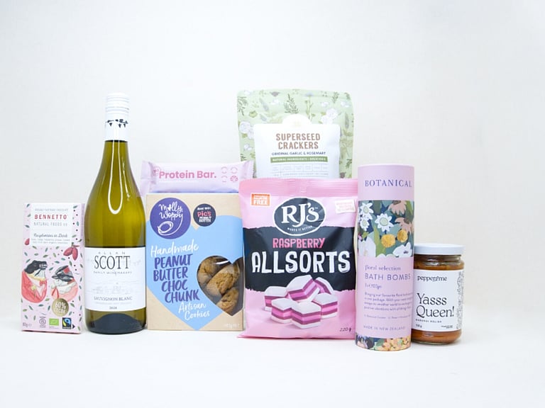 Thanks So Much Gift Box with Allan Scott Sauvignon Blanc, Botanicals bath bombs, chocolate, cookies and NZ-made treats
