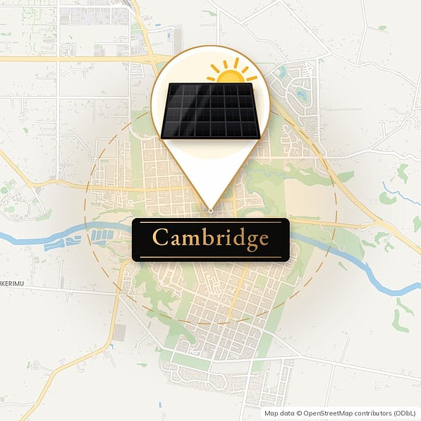 Map of Cambridge, Waikato with a solar panel pin - Cambridge Solar