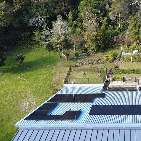Aerial view of a solar install tucked into the bush at Te Mata
