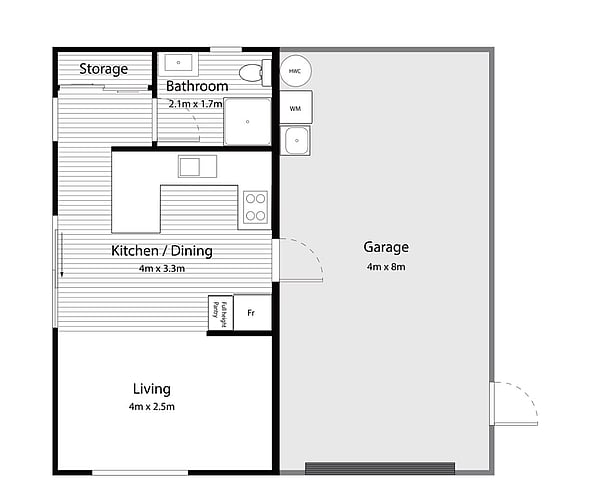 Ohau floor plan: kitchen and dining, living, bathroom, storage and a 4 by 8 metre garage