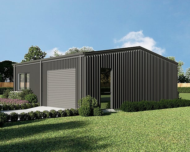 Artist's render of a black shed home from the 60 to 120m² range, front elevation with roller door