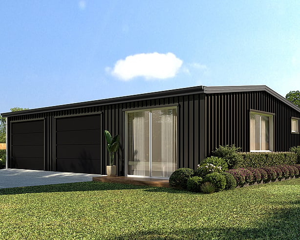 Render of the Pukaki: a black shed home with a double garage, a sliding door onto a small deck and planted gardens