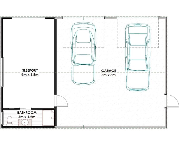 Pukaki floor plan: a 4 by 6.8 metre room, a 4 by 1.2 metre bathroom and an 8 by 8 metre double garage