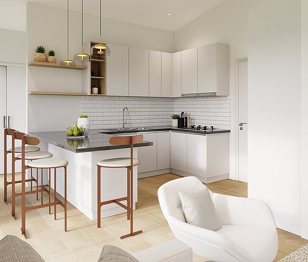 Artist's render of the open-plan kitchen and living area in a 60 to 120m² range shed home