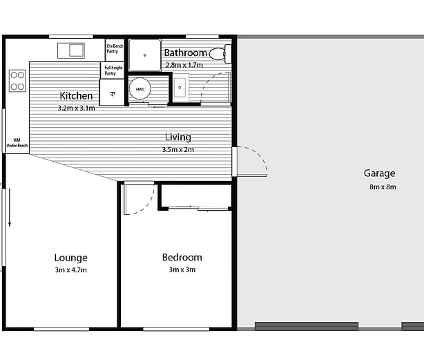 Tekapo floor plan: open-plan kitchen and living with the washing machine under the bench, lounge, bedroom, bathroom, deck and an 8 by 8 metre garage