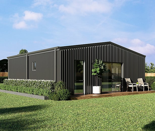 Artist's render of a black shed home from the 60 to 120m² range with deck and patio