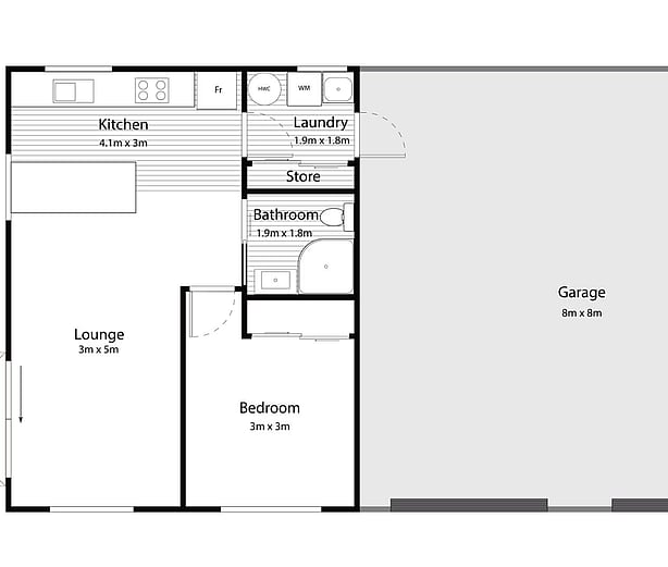Twizel floor plan: kitchen, living, bedroom, bathroom, laundry, store, deck and an 8 by 8 metre garage