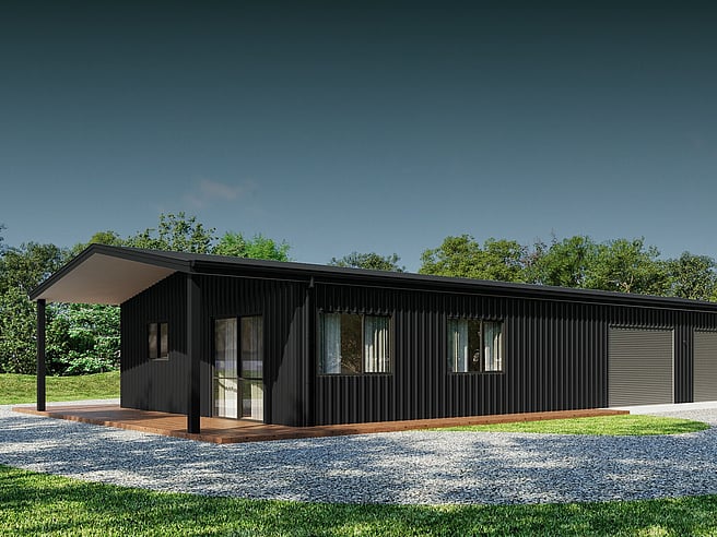 Artist's render of a black shed home from 130 to 160m²