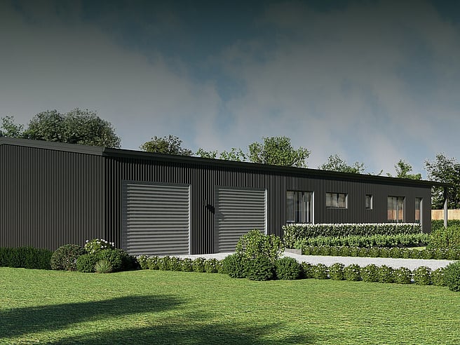 Artist's render of a black shed home from 170m² and up