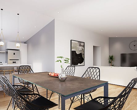 Artist's render of the open-plan dining and living area in a 130 to 160m² range shed home