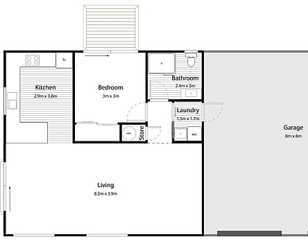 Karapiro floor plan: kitchen, bedroom, bathroom, laundry, store, open living with two decks and an 8 by 8 metre garage