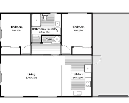 Henley floor plan: two bedrooms, bathroom and laundry combo, store, open living and kitchen, deck and an 8 by 8 metre garage