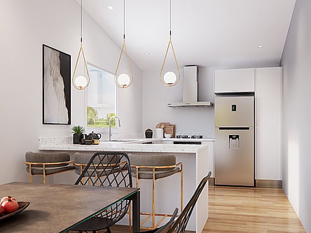 Artist's render of the kitchen in a 130 to 160m² range shed home