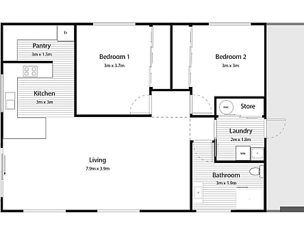 Rotoiti floor plan: kitchen with pantry, two bedrooms with built-in wardrobes, laundry, bathroom, open living, deck and an 8 by 8 metre garage