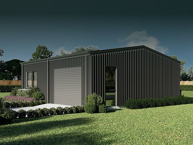 Artist's render of a black shed home from 60 to 120m²