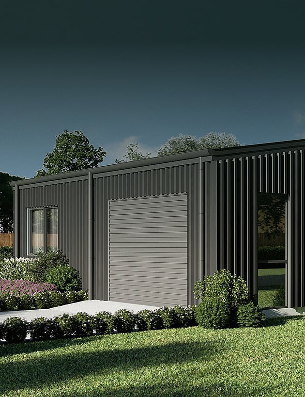 Render of a compact black shed home from the 60 to 120m² range