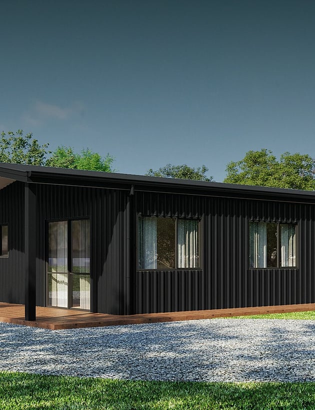 Render of a black shed home from the 130 to 160m² range