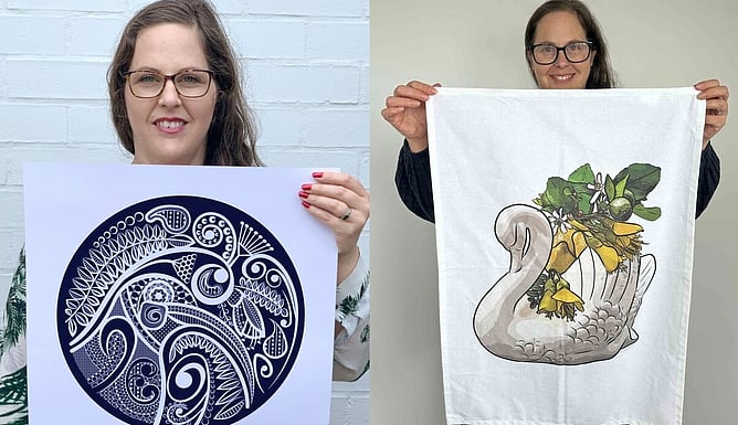 NZ artist Anna Mollekin holding a Kiwi's Lace art print and a Crown Lynn swan tea towel, New Zealand gifts to send overseas 