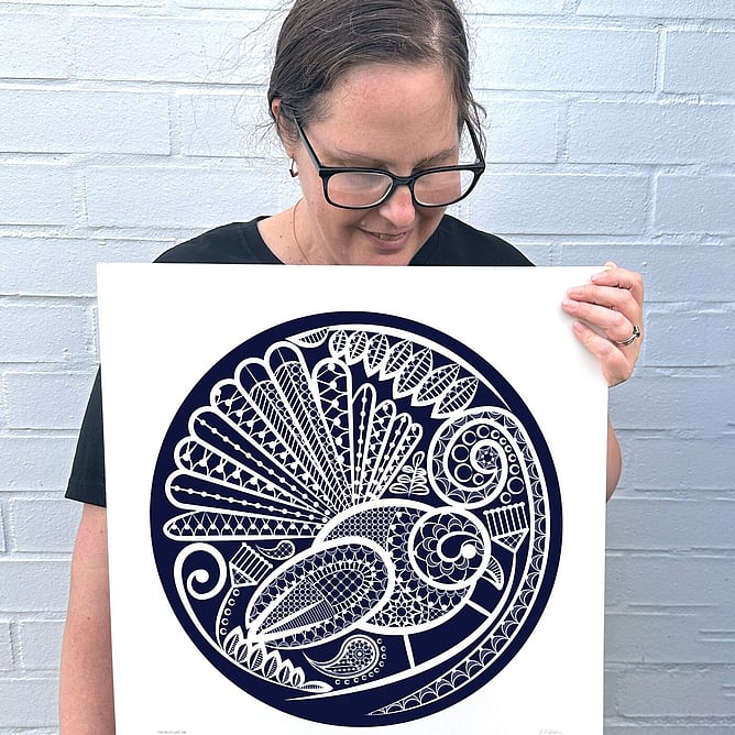 Fantail's Lace navy native bird art print, a New Zealand gift for Kiwis living overseas 
