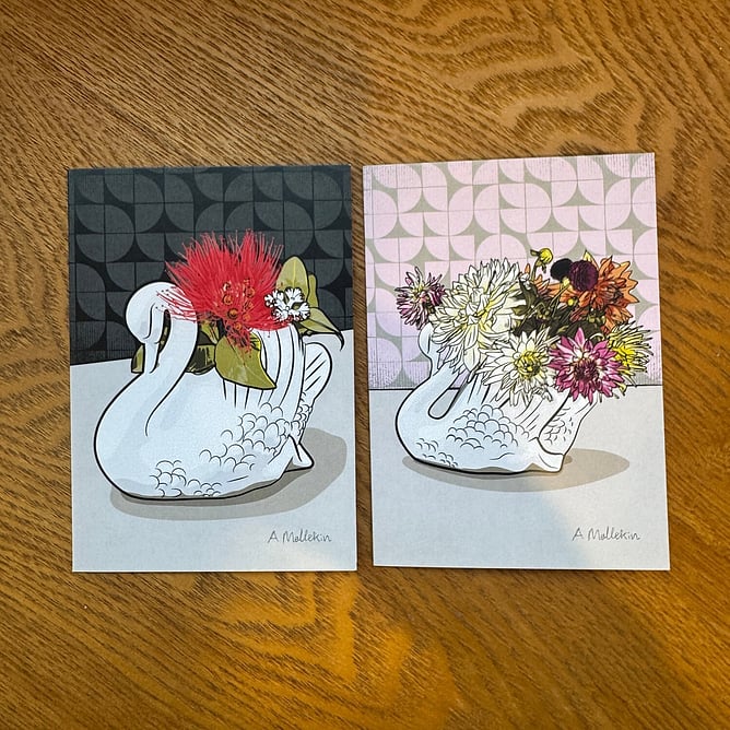 Crowned Pōhutukawa and Crowned Dahlia Crown Lynn swan greeting cards by NZ artist Anna Mollekin