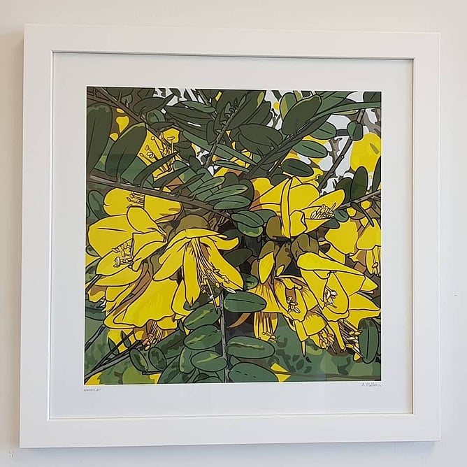 Framed Kowhai&rsquo;s Joy art print with bright yellow kōwhai flowers, a taste of home for Kiwis living overseas