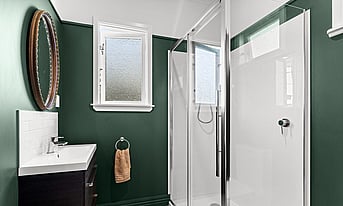 Renovated ensuite in Taradale, Napier, with a green feature wall, shower and new vanity