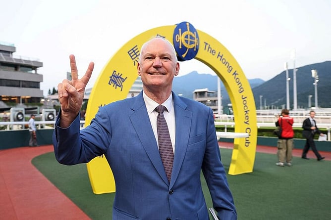Milestone man David Hall celebrated a double. - Photo HKJC