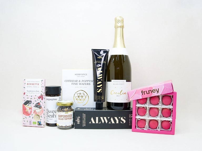 The Perfect Pairing wine and chocolate gift box with Allan Scott sparkling wine, gourmet treats, chocolates and Ed&I moisturiser by KYND Gift Boxes NZ.