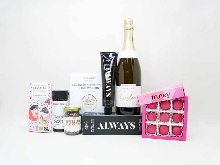 The Perfect Pairing wine and chocolate gift box with Allan Scott sparkling wine, gourmet treats, chocolates and Ed&I moisturiser by KYND Gift Boxes NZ.