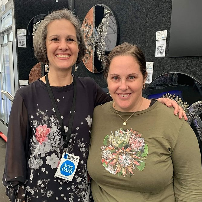 NZ artist Anna Mollekin and Tauranga metal artist Ninette Kruger at the Auckland Art Show