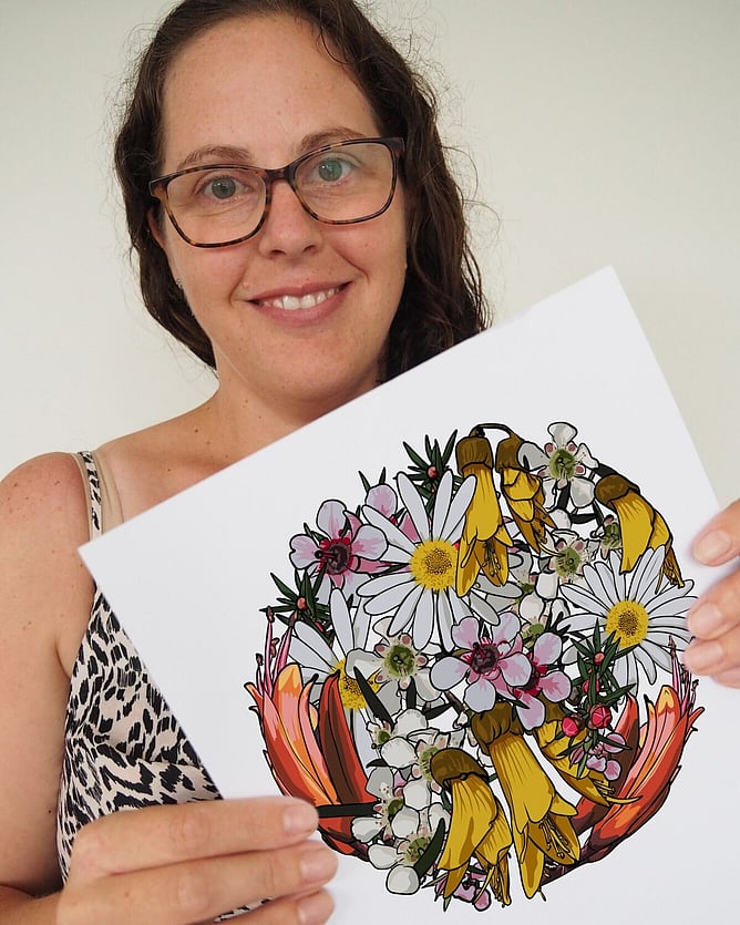 NZ artist Anna Mollekin holding her My Sunshine native flower artwork, the inspiration for My Floral Sunshine