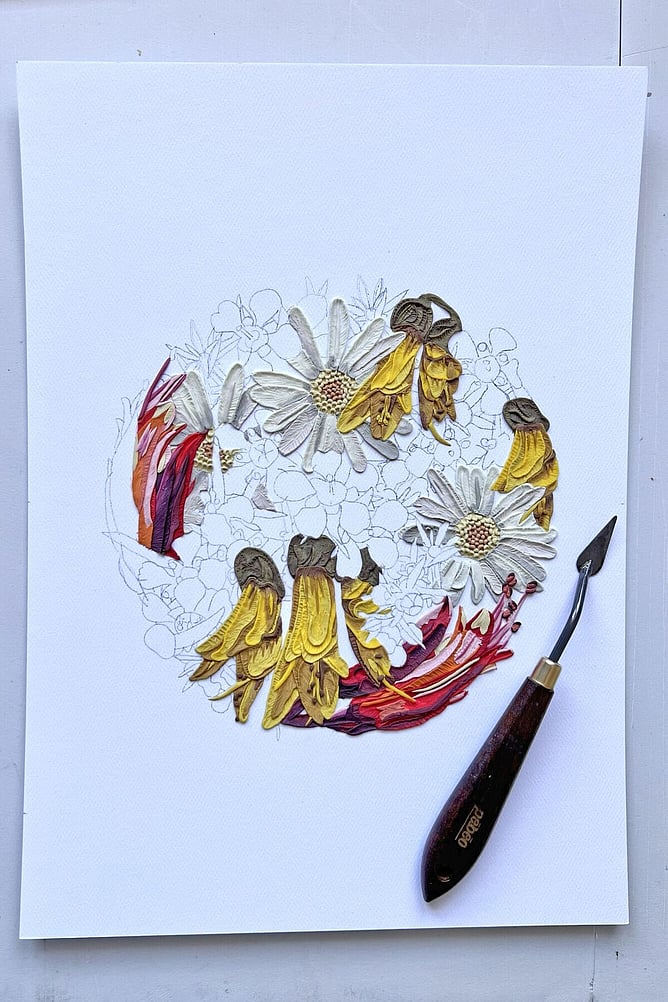My Floral Sunshine clay art in progress with daisies and kĹwhai