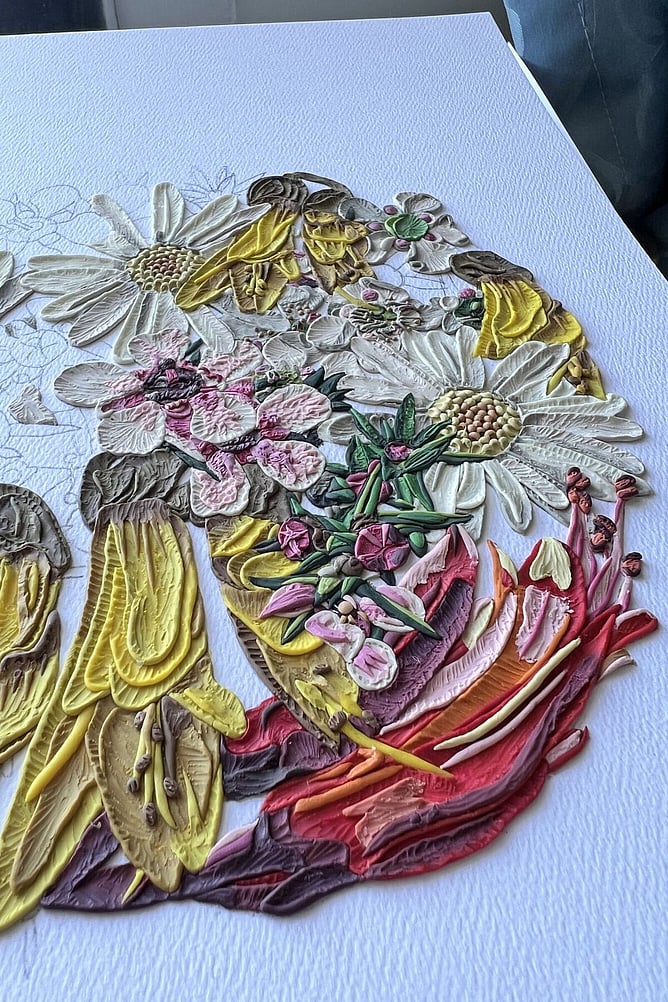 Close-up of My Floral Sunshine clay wall art with native NZ flowers