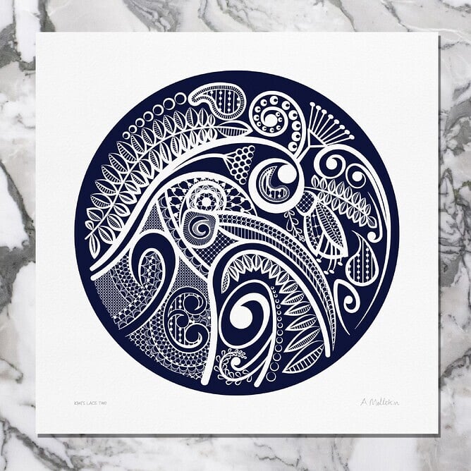 Kiwi’s Lace navy art print by Anna Mollekin, a kiwi bird drawn in native lace pattern