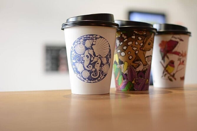BioCup Art Series coffee cups featuring Anna Mollekin’s Little Bay artwork