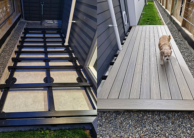Small residential deck framed with TreadFrame and TreadJack pedestals