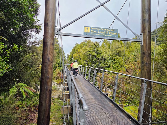 Riding through the forest on a suspension bridge in New Zealand