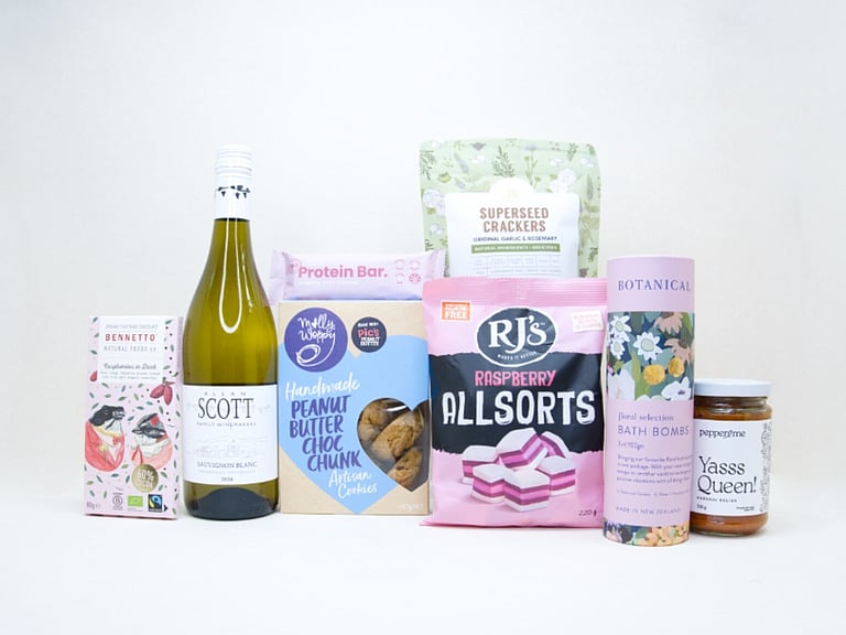 Thanks So Much Gift Box with Allan Scott Sauvignon Blanc, Botanicals bath bombs, chocolate, cookies and NZ-made treats