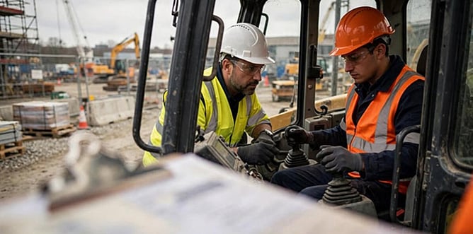 Assessor carrying out a verification of competency with a machine operator in the cab on a construction site