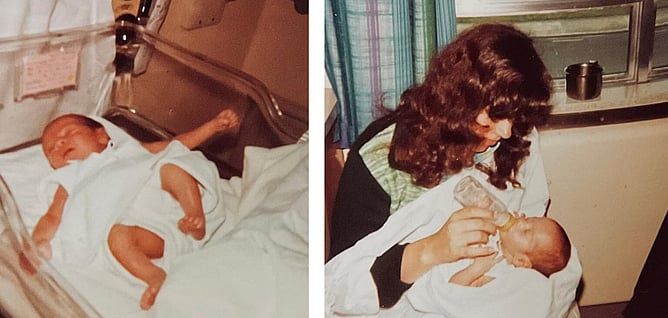 Baby Sonia asleep in a hospital bassinet, and Sandra bottle-feeding baby Amanda in the neonatal ward, 1979