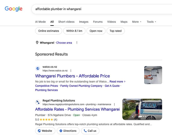 A screenshot of a Google search result for an affordable plumber in Whangarei.