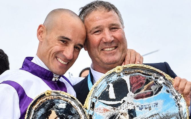 Gary Hennessy pictured with jockey Glen Boss following Ocean Park's Gr.1 Cox Plate (2040m) win. -  Photo: Supplied
