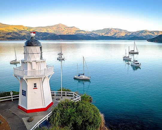 Akaroa lighthouse and yachts on Akaroa Harbour, Banks Peninsula
