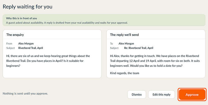 A reply drafted from real availability, held for the operator to approve or edit.