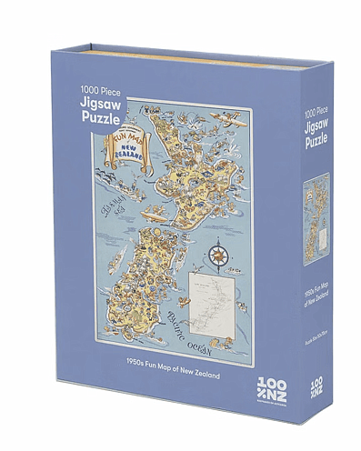 1950's Fun Map of NZ 1000 Piece Jigsaw Puzzle Box Puzzlesnz