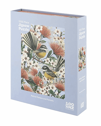 Puzzlesnz 100% NZ - Native Flowers & Chatty Fantails 1000 Piece Jigsaw Puzzle Box